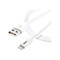 Weißes Lightning- auf USB-Kabel von StarTech.com vor weißem Hintergrund. Der USB-Stecker hat ein USB-Symbol.