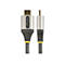 Ein graues HDMI-Kabel mit goldenen Steckern auf weißem Hintergrund. Das Kabel hat einen grauen Mantel mit dem Logo von Startech.com und die Bezeichnung E81280-D.