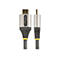 Ein HDMI-Kabel mit grauen Steckern, auf denen "Startech.com" steht, und einem grauen Kabel, das auf einem weißen Hintergrund liegt.