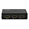 Schwarzer HDMI-Splitter mit drei Anschlüssen: Output, Input 2 und Input 1. Auf der Oberseite steht Startech.com.