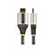 Ein graues HDMI-Kabel mit goldenen Steckern. Auf einem Stecker steht "Startech.com".