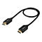 Ein schwarzes HDMI-Kabel mit vergoldeten Anschlüssen, auf weißem Hintergrund.