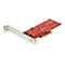 Eine rote PCIe-Karte mit Metallhalterung. Auf der Karte ist "NVMe/AHCI" und "M.2 M-KEY" aufgedruckt. Es gibt auch mehrere elektronische Komponenten.