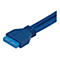 Blauer USB-3.0-Anschluss, Detailaufnahme. Stecker und Kabel sind vor weißem Hintergrund zu sehen.