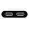 Schwarzer USB-Hub mit zwei Ports. Das Detailbild zeigt die Anschlüsse.