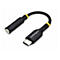 Schwarzer USB-C-auf-3,5-mm-Klinken-Adapter von StarTech.com. Beide Enden sind schwarz, mit gelben Akzenten und weißem Schriftzug.