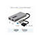 Ein grauer USB-A- oder USB-C-auf-Dual-HDMI-Adapter mit Anschlüssen, darunter HDMI und USB-A. Beschriftungen zeigen 1080p und 4K-Unterstützung.