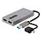 Ein silberfarbener HDMI-Adapter mit USB-C- und USB-Anschlüssen. Der Adapter hat das StarTech.com Logo. Zwei HDMI-Anschlüsse sind mit 1080P und 4K beschriftet.