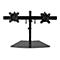 Support de moniteur noir pour deux Ã©crans, pied central, barre transversale horizontale, bras avec supports.