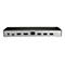 Grau-schwarze Dockingstation mit verschiedenen AnschlÃ¼ssen, wie HDMI, USB, Ethernet und Stromanschluss.