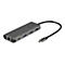 Grauer USB-C-Hub mit mehreren AnschlÃ¼ssen, einschlieÃŸlich Ethernet, USB und HDMI.