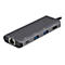 Graues Dock mit verschiedenen AnschlÃ¼ssen, darunter USB, HDMI und Ethernet. Das Produkt ist von StarTech.