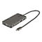 Grauer USB-C-Hub mit mehreren AnschlÃ¼ssen, an denen ein Kabel mit USB-C-Anschluss befestigt ist.