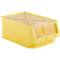 Gelbe Aufbewahrungsbox mit transparentem Deckel, der zum Teil offen ist. Die Box hat eine rechteckige Form und ist leicht schräg gestellt.