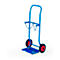Blue gas cylinder trolley with two wheels and red rims, on a white background.