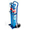 Two blue gas cylinders on a cart. The cylinders are red and blue, with blue protective cages.