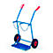 Blue gas cylinder trolley with red handles and tires. On white background.
