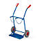 Blue gas cylinder trolley with two wheels and red handles. Chain to secure the bottle.