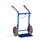 Blue hand truck with red handles, two wheels, and a chain for securing items. On a white background.