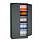 Dark gray file cabinet with open door, filled with colorful folders.