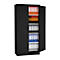 Black filing cabinet, door open. Shelves with folders in different colors.