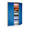 Blue filing cabinet, open, filled with folders in various colors.