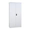 White steel cabinet with two doors and a door lock in the middle.