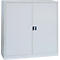 A grey filing cabinet with two doors and a handle in the middle. The cabinet is upright.