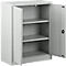 Gray steel cabinet with two open doors, three shelves. One door is open.
