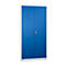 Blue steel cabinet with two doors and a silver lock. The door frames are white.