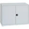 Gray cabinet with two doors and a handle in the middle.