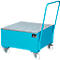 Blue transport cart with a checkered platform and handle. On wheels, ideal for loads. Label on the case.