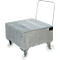 Metal transport trolley with grid surface, four wheels and handle.