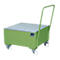 Green transport trolley with wheels and handle, silver corrugated loading area.