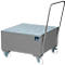 Grey transport trolley with a ridged loading area and handle. It has four wheels.