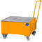 Yellow transport trolley with grid surface, handle and wheels.