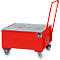 Red transport cart with grating and handle. Four wheels. Sticker with text.