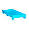 Blue plastic pallet with four feet, viewed slightly from above.