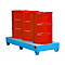 Three red barrels stand on a blue spill containment pallet against a white background.