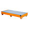 Orange spill containment pallet with grid, side view on a white background.