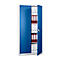 Blue file cabinet, partially open, filled with file folders.