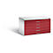 A red cabinet with five drawers stands against a white background. The handles are silver.