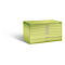 Green cabinet with multiple drawers and silver handles, against a white background.