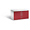 A flat file cabinet with red drawers and silver handles. The top and sides are white.