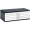 Gray flat file cabinet with 5 drawers. Drawers white with silver handles. Top and sides dark gray.