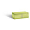 Light green, rectangular drawer cabinet with five drawers. Elongated, silver-colored handles are on the right.