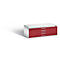 Red flat cabinet with five drawers and white edges. Silver handles.