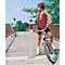 Two boys cycling across a bridge, one holding onto a red and white marker.