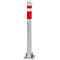 A rectangular post with a red and white head and a silver column stands on a square base plate.