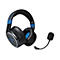 Schwarzes Gaming-Headset mit blauem Akzent. Ein abnehmbares Mikrofon ist angeschlossen.